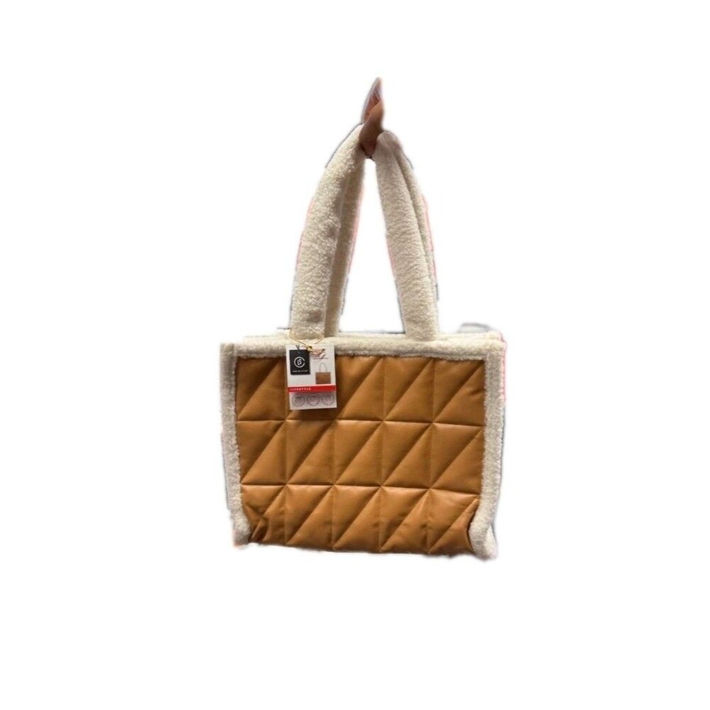 LS Live in Style Novelty Tote in Tan Camel Quilted, Sherpa Fleece Trim